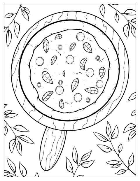 バジルとサラミをのせた、薪窯焼きのピザが描かれています。