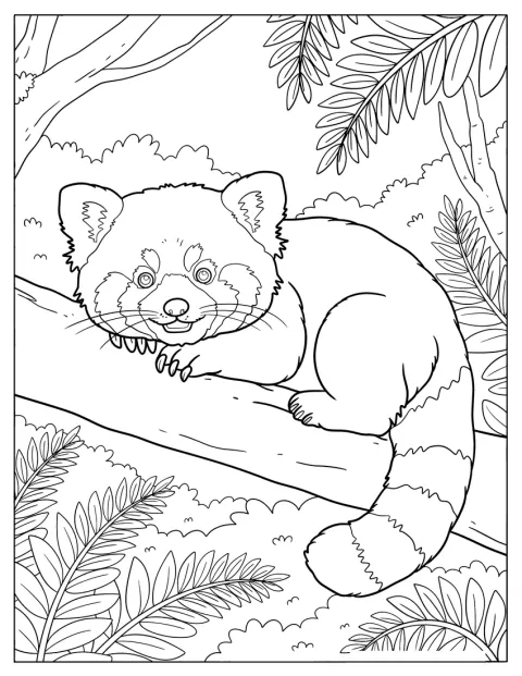 Uitgerust ligt een vermoeide rode panda op een boomstam.