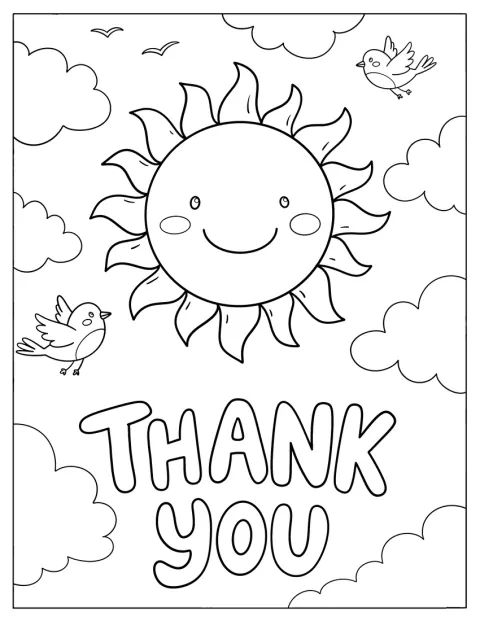Um sol sorridente brilha no céu, acompanhado pela palavra «Obrigado».