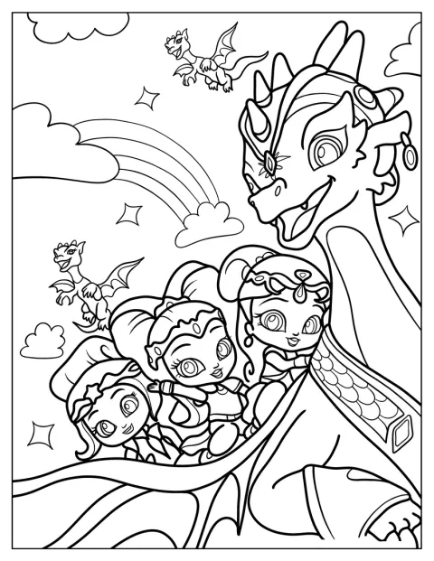 Shimmer, Shine i Leah podróżują na grzbiecie smoka.