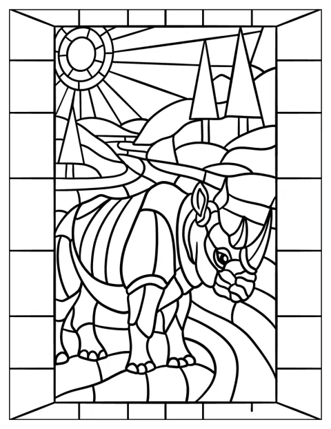 La silueta de un rinoceronte aparece en una vidriera decorativa.