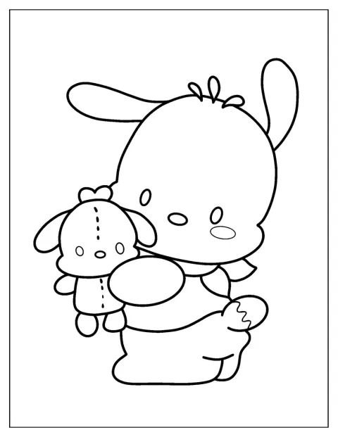 Pochacco drückt ein Stofftier liebevoll an sich.