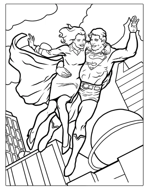 Superman flyver af sted med Lois Lane i armene for at redde hende.