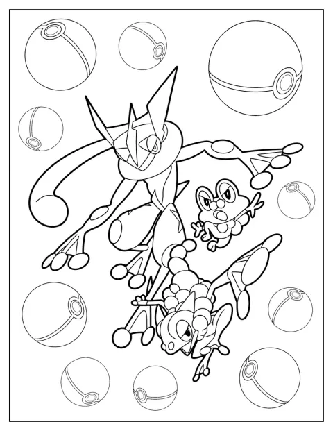 Greninja, Froakie ja Frogadier ovat yhdessä kuvassa.