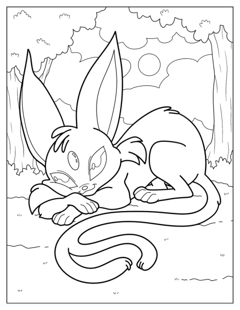 Espeon ligger og sover blant gresstråene.