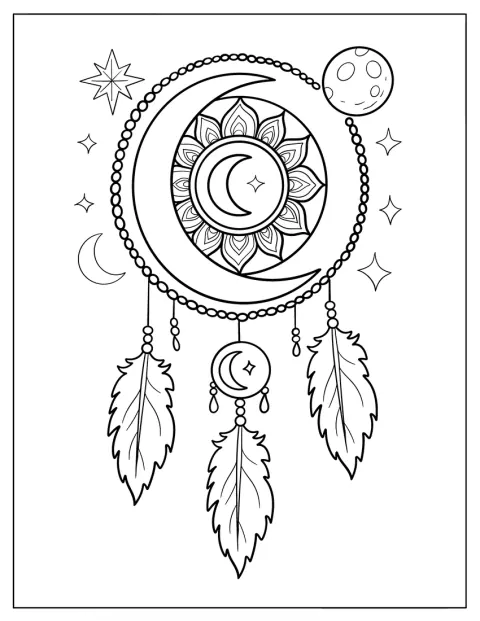 Uma Lua crescente ornamentada com flores e contas forma um apanhador de sonhos.
