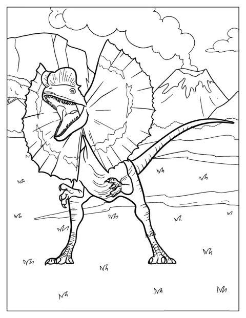 En Dilophosaurus fra Jurassic Park står klar til at brøle.