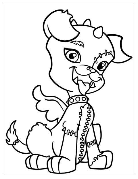 Pejsek Watzit z Monster High stojí připravený k dovádění.