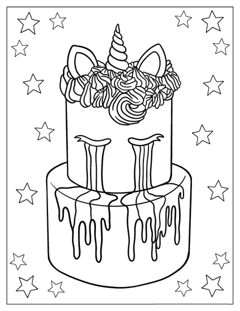 Un tort decorat ca un unicorn are un corn și detalii fermecătoare.