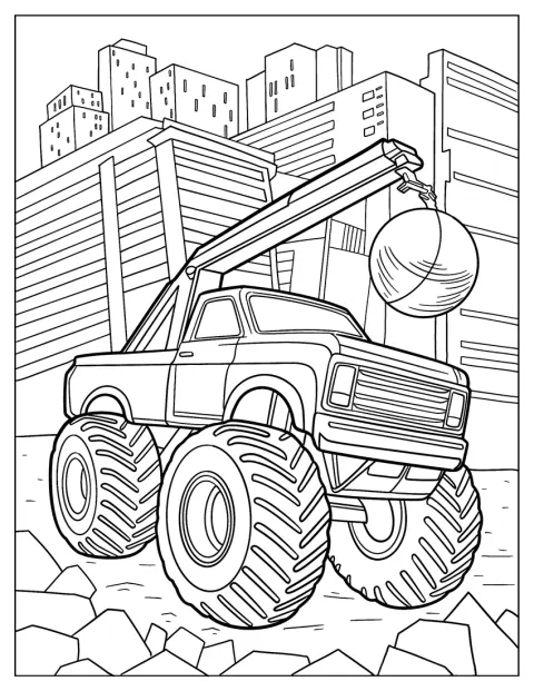 En monstertruck har en stor rivningskule festet til seg.