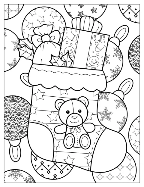 飾り玉を背景に、プレゼントが詰まったクリスマス靴下が描かれています。