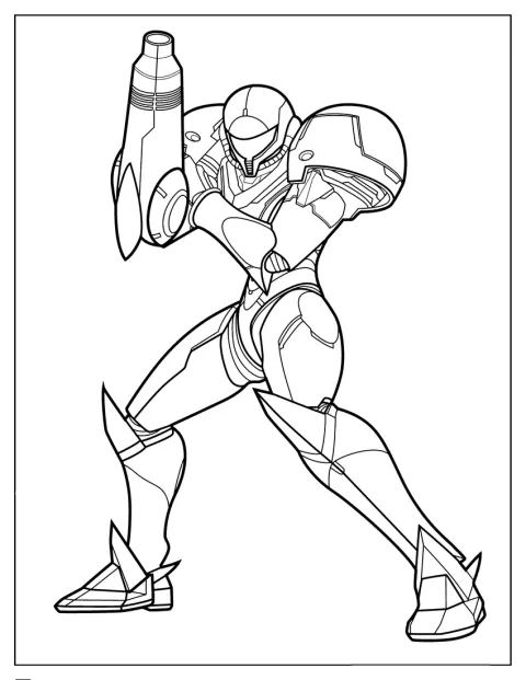 Samus Aran ist in einer einfachen Umrisszeichnung zu sehen.