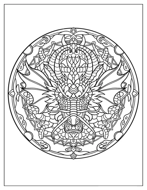 Solzii și ornamentele unui dragon formează o mandală detaliată.