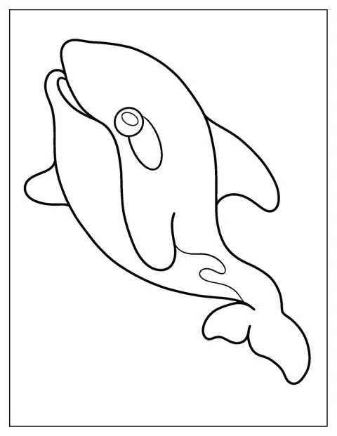 Orka w stylu kawaii ma duże oczy i przyjazny uśmiech.