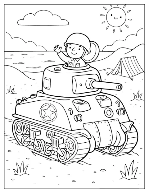 Un bambino fa da comandante su un carro armato vicino al mare.