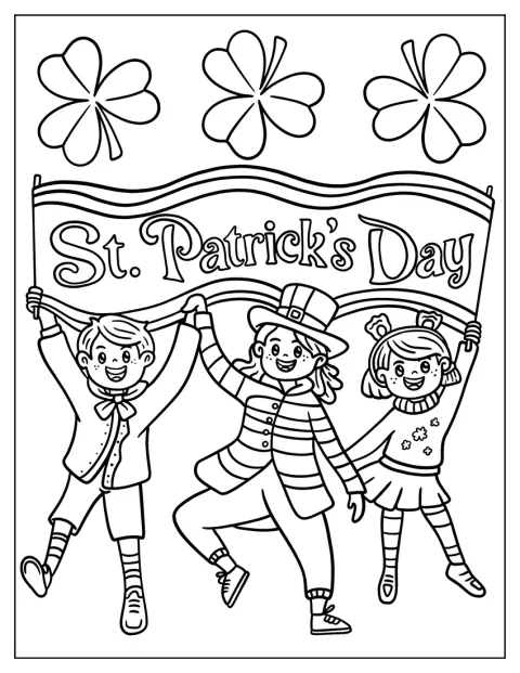 Tre børn løfter et banner sammen til St. Patrick’s Day.