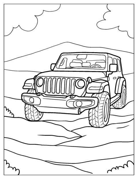 Egy Jeep áll a háttérben magasodó hegyek előtt.