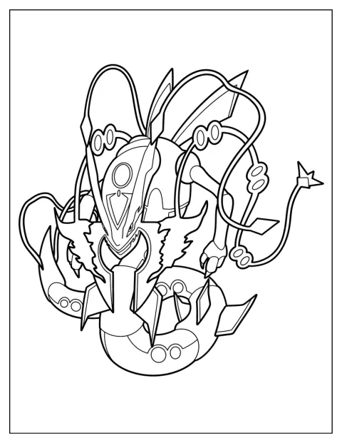Mega Rayquaza ist in einer einfachen Umrisszeichnung dargestellt.
