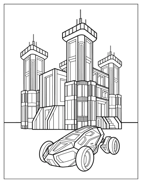 Un coche deportivo está aparcado frente a un castillo moderno.