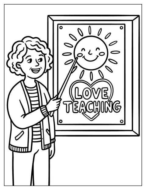 Vor einem Plakat steht ein Lehrer und weist darauf.