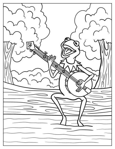 Zwischen Bäumen spielt Kermit auf seinem Banjo.