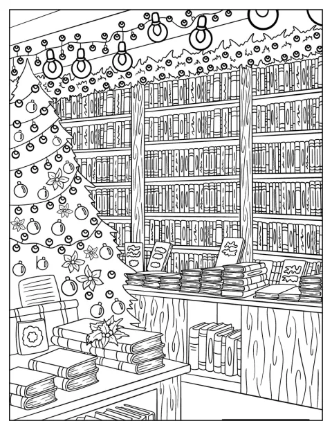 Un grand sapin couvert de lumières se dresse dans une bibliothèque.