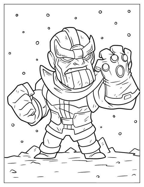 Malý stylizovaný Thanos se vznáší ve vesmíru s Rukavicí nekonečna.