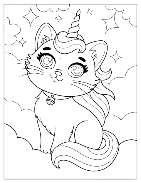 Un gato con cuerno de unicornio se sienta entre nubes esponjosas y estrellas brillantes.