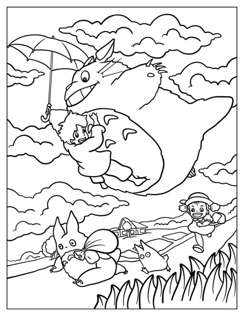 Satsuki se aferra al vientre de Totoro mientras vuelan por el aire.