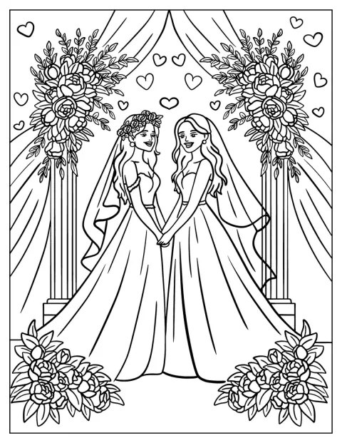 Blumen und Herzen umgeben das glückliche Paar an seinem Hochzeitstag.