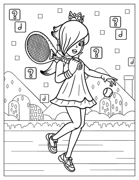 Rosalina ține o rachetă de tenis și o minge.