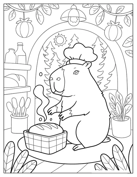 Chef Capybara Coloring Page Baking Bread in Rustic Kitchen Surrounded by Plants