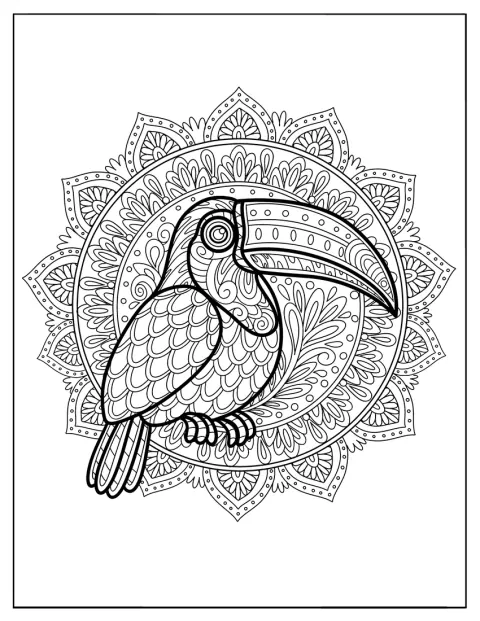 Motivi floreali intricati decorano il mandala a forma di tucano.