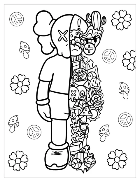 KAWS Companion står med synlige, oppdelte kroppsdeler og hippieinspirerte detaljer.