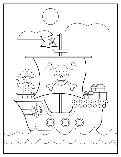 Una semplice nave pirata naviga sul mare con forzieri pieni di tesori.