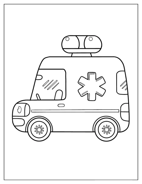 O ambulanță simpatică este desenată într-un stil jucăuș.