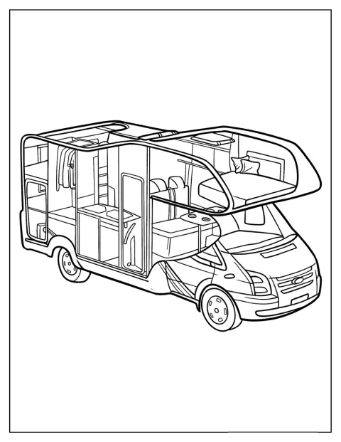L’intérieur d’un camping-car révèle son espace de vie aménagé.