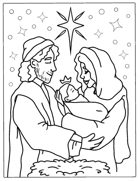 Josef och Maria vakar över Jesusbarnet i krubban.