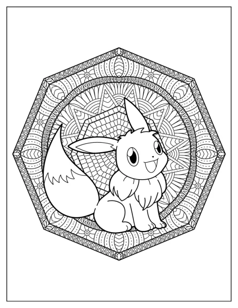 Evoli est entouré de motifs géométriques dans un mandala octogonal.