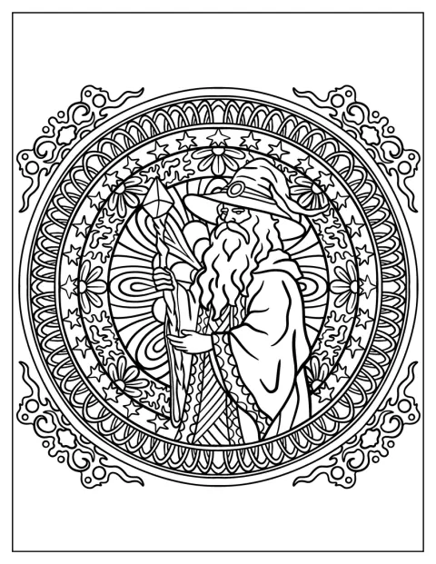 En troldmand står i midten af en detaljeret mandala.