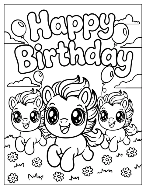 三頭の小さなポニーが、誕生日の文字のそばで野原を駆けています。