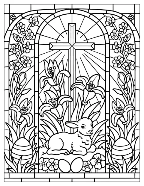 Um vitral reúne uma cruz, flores, um cordeiro e ovos da Páscoa.