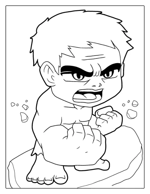 En liten baby-Hulk står med sina små nävar knutna.