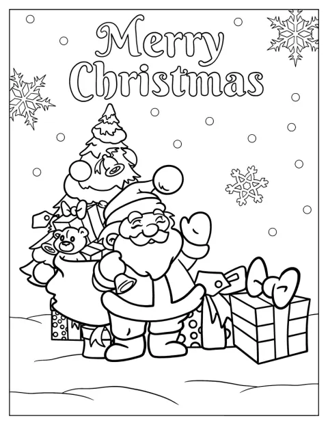 Santa Holding Christmas Presents Next To Tree