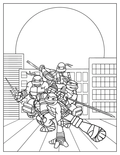 Die Teenage Mutant Ninja Turtles posieren im Cartoon-Stil.
