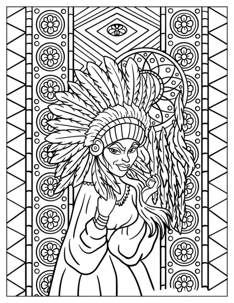 Una persona hippie indossa un copricapo decorato con piume.