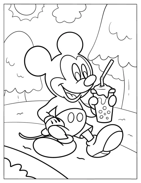 Mickey Mouse segura um batido com pérolas de tapioca.