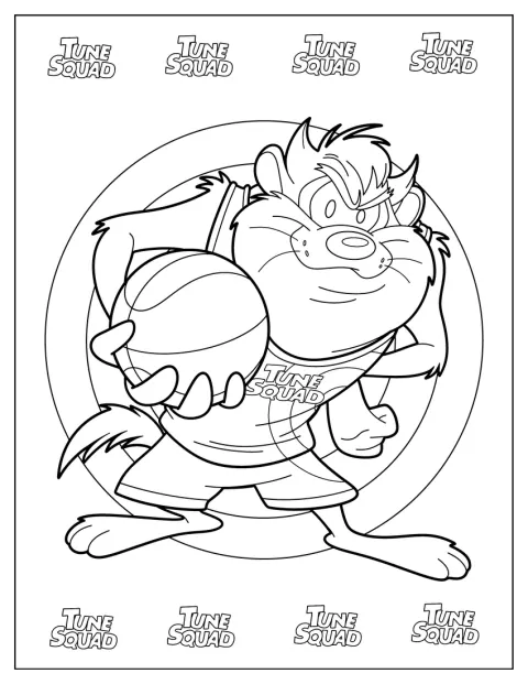 Taz hält einen Basketball in einer einfachen Umrisszeichnung zu Space Jam.