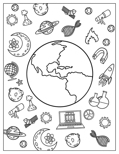 La Tierra aparece entre cohetes, planetas, matraces e imanes.