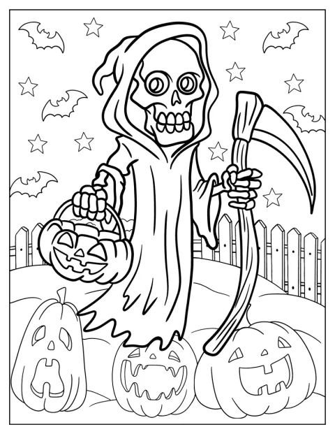 Grim Reaper Coloring Page Floating Above Jack O Lanterns For Kids